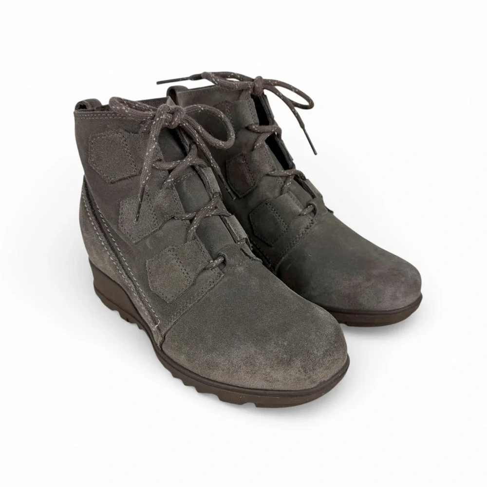 Sorel Evie Suede Lace-Up Wedge Boots Grey Size 7